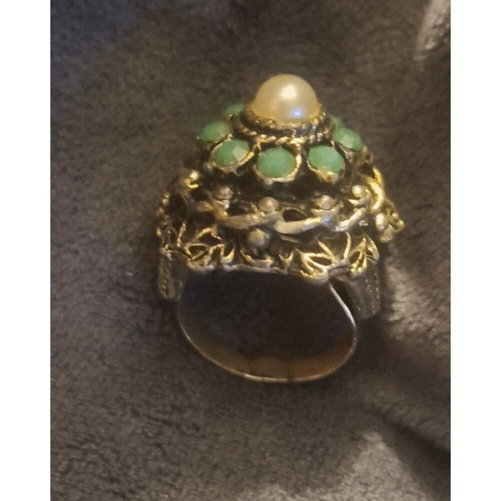 Vtg Victorian Style Gold Tone Filigree Dome Ring Faux Turquoise Pearl Adjustable